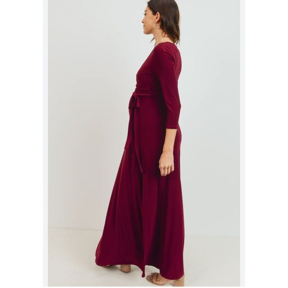 Womens Maternity Tie Front Wrap Maxi V- Neck Dress Size Large Burgundy Elegant - Picture 4 of 12